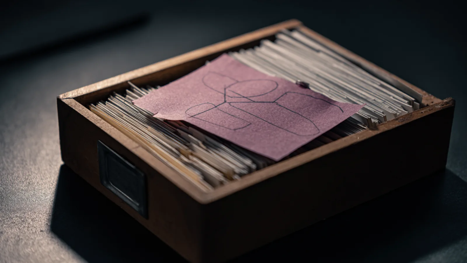 A wooden card-index drawer packed with cards, a single one standing proud