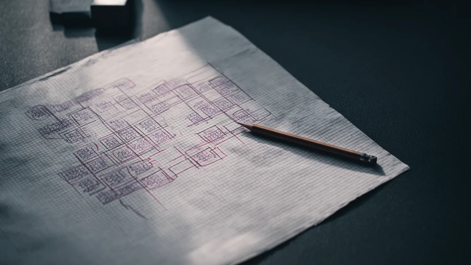 A sheet of grid paper densely filled with hand-drawn process boxes, a pencil beside it