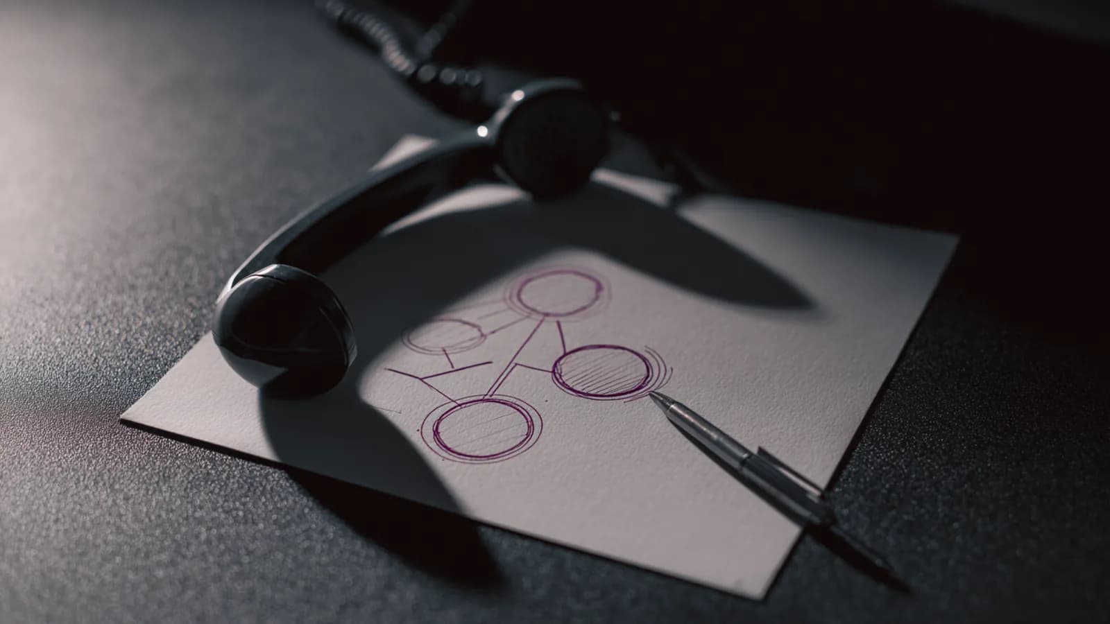 An off-hook telephone handset resting on a sheet with a hand-drawn call flow