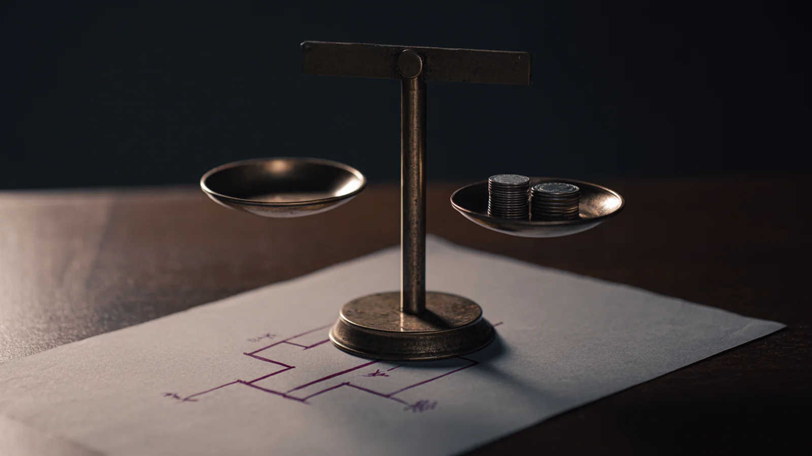 A balance scale, one pan loaded with coins, on dark wood