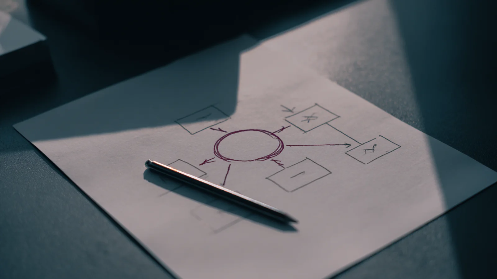Boceto a mano de un flujo de proceso con casillas, rombos y flechas en papel