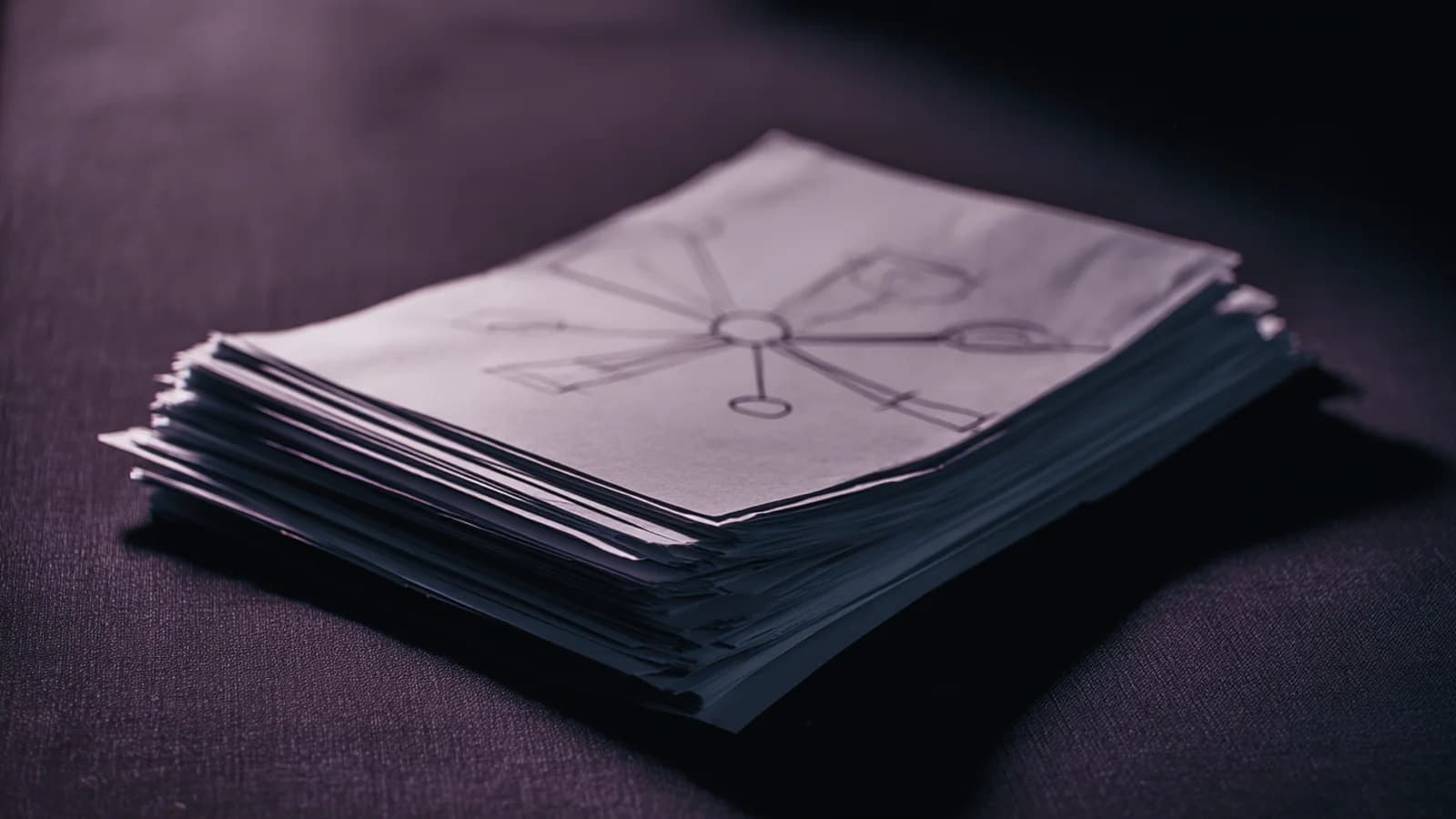 Papierstapel mit handgezeichnetem Prozessdiagramm auf dunklem Untergrund
