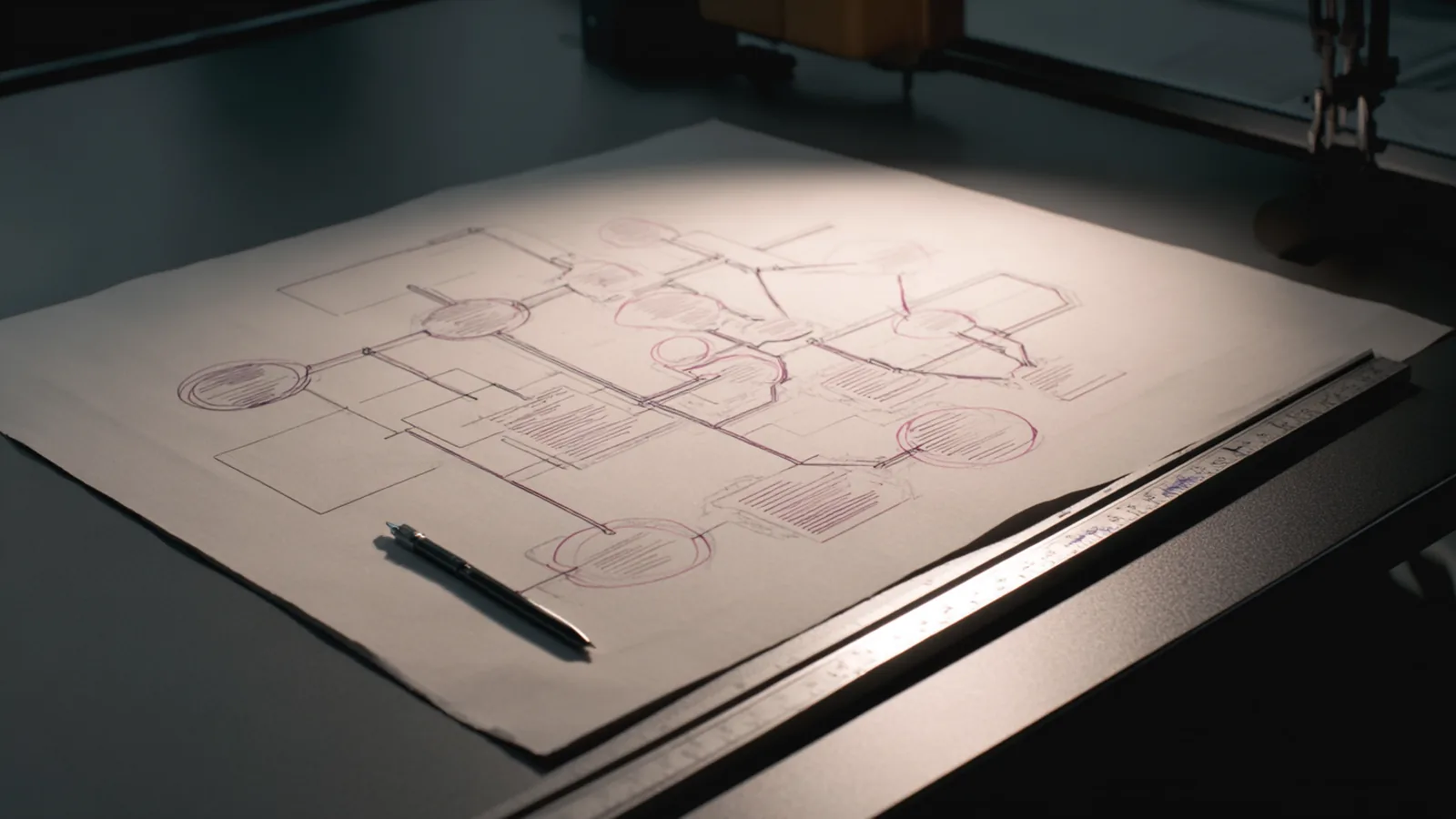 Tracing paper on a drafting table with an overlapping process map, ruler and mechanical pencil