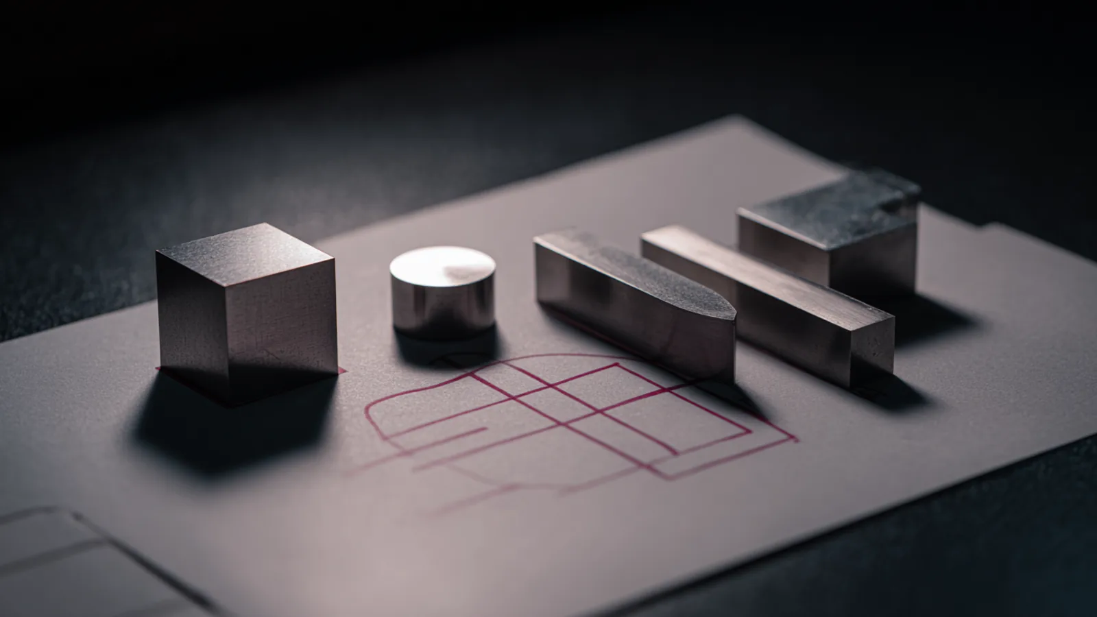 Gefräste Metallblöcke unterschiedlicher Form nebeneinander auf einer Skizze — nur einer passt