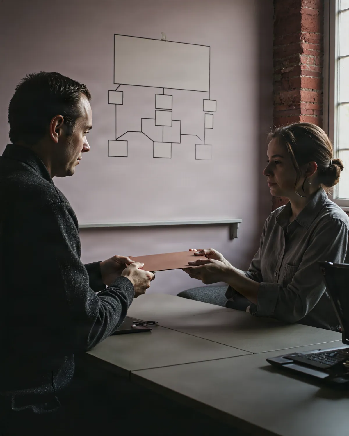 A handover at a desk: a folder passes from one person to another, an organisation chart on the wall behind.