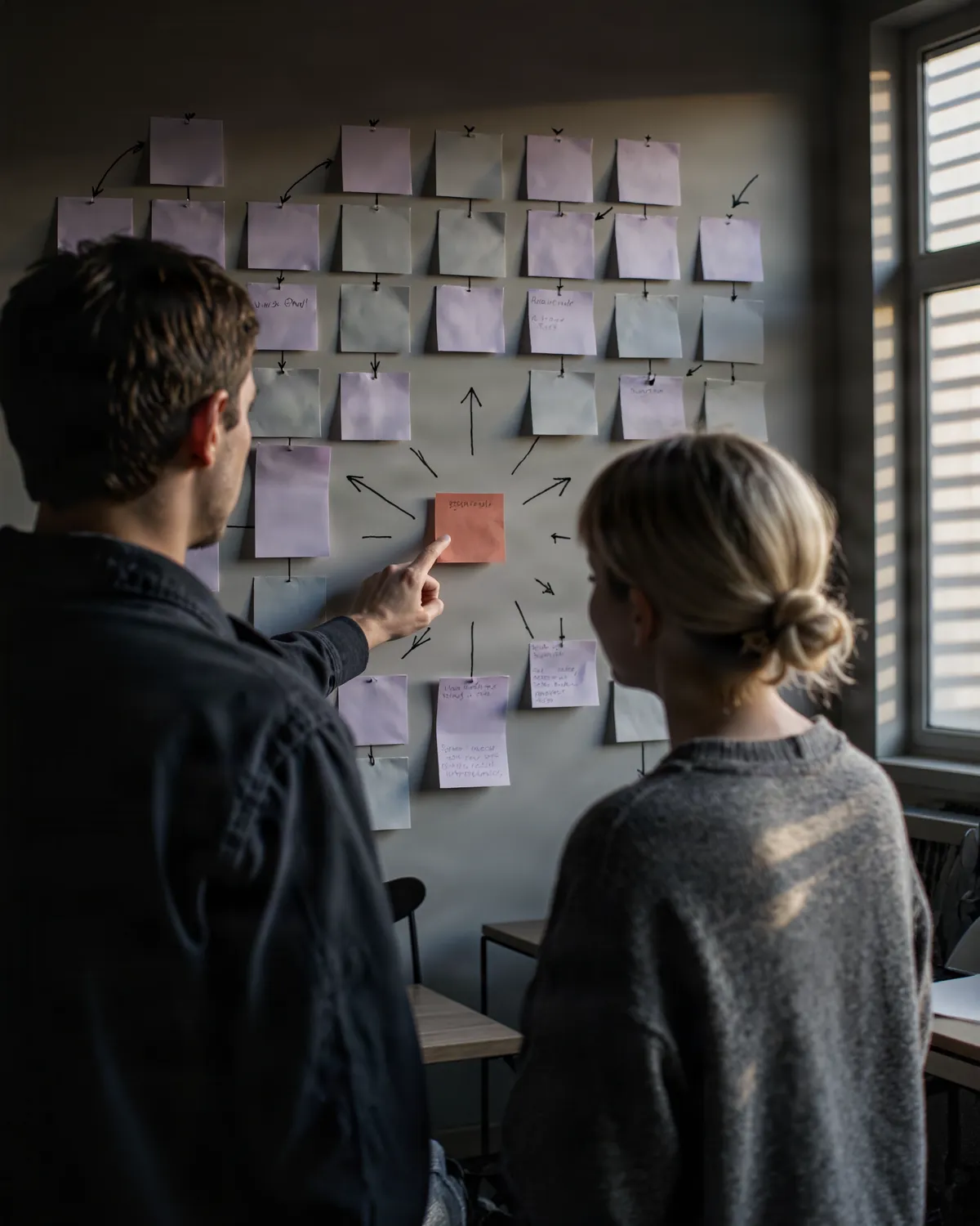 A workshop at a wall of sticky notes mapping a workflow. A hand points at the single red note where many arrows converge.
