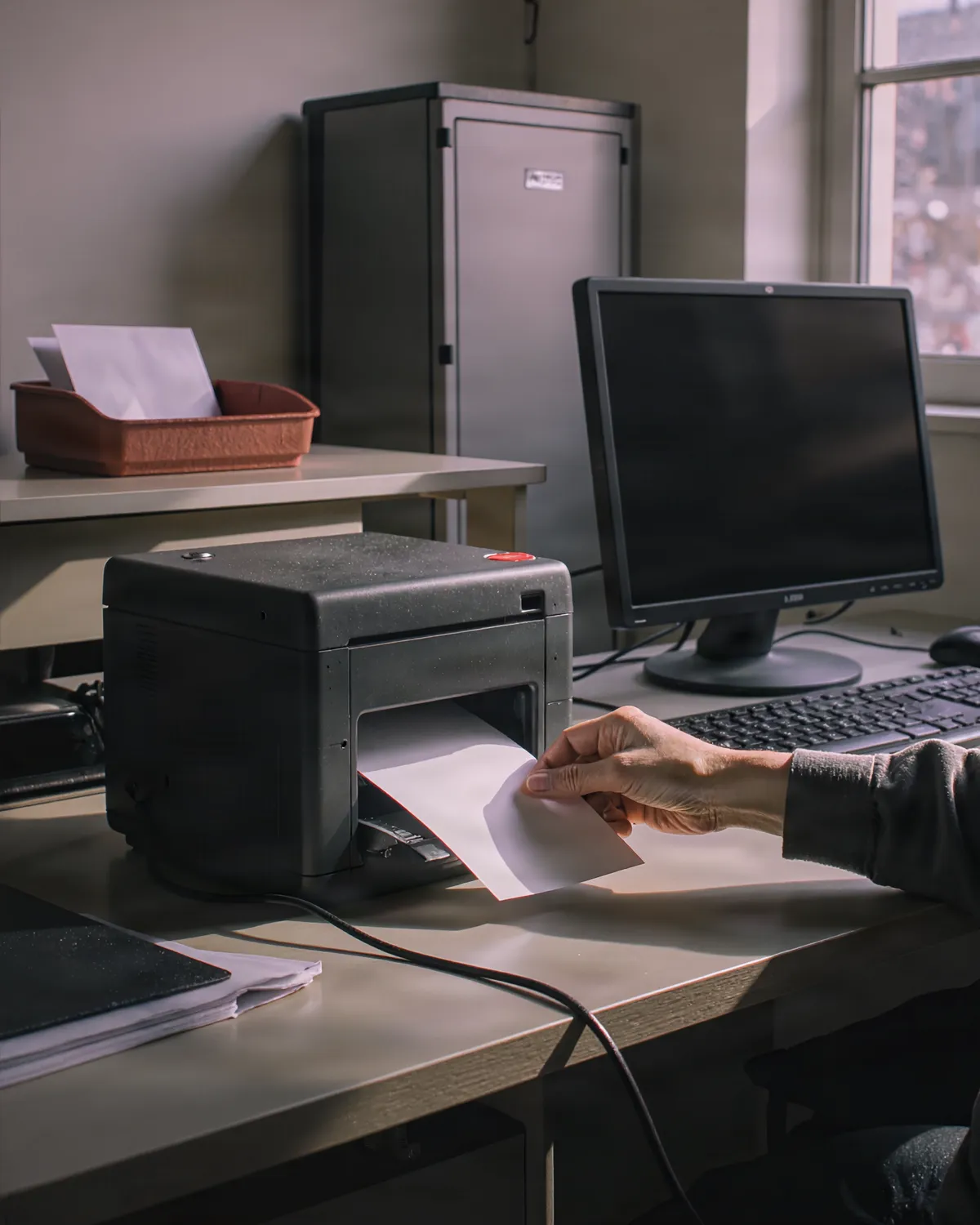 Shipping office: a hand feeds a delivery note into a small scanner attached to the existing computer.