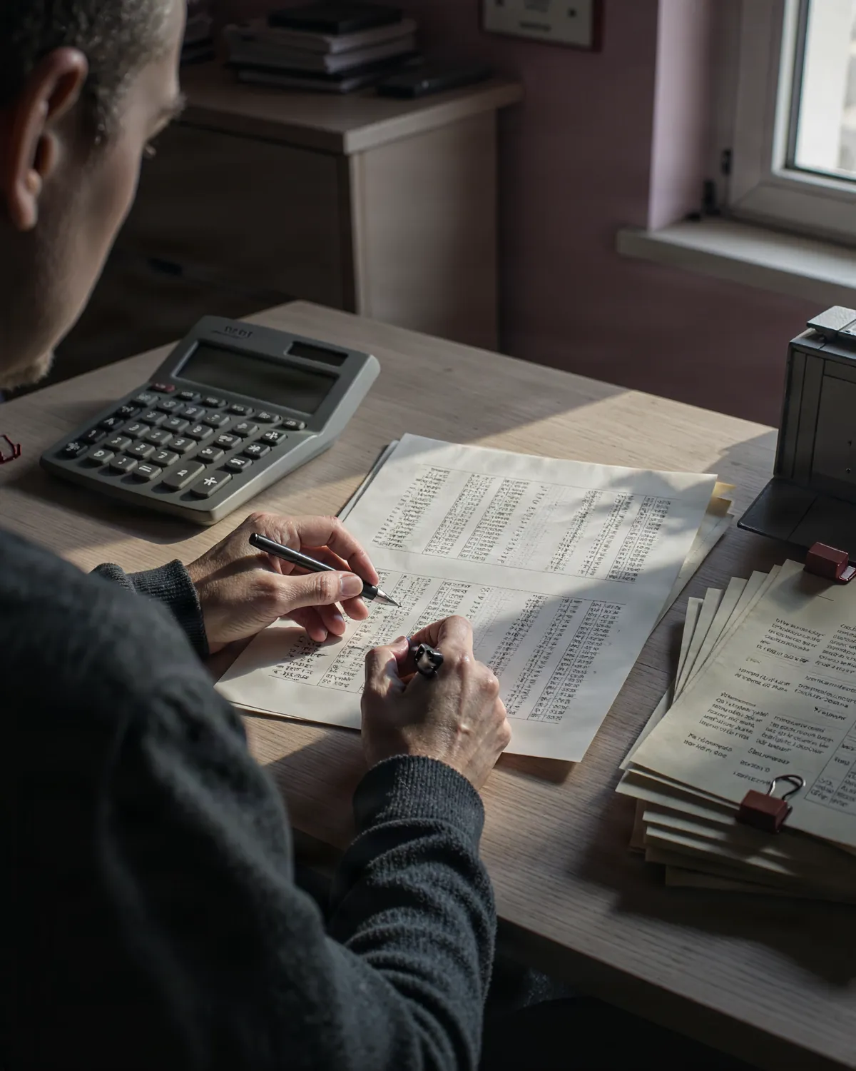 Over a controller's shoulder: cost sheets, a desk calculator, a stack of invoices.