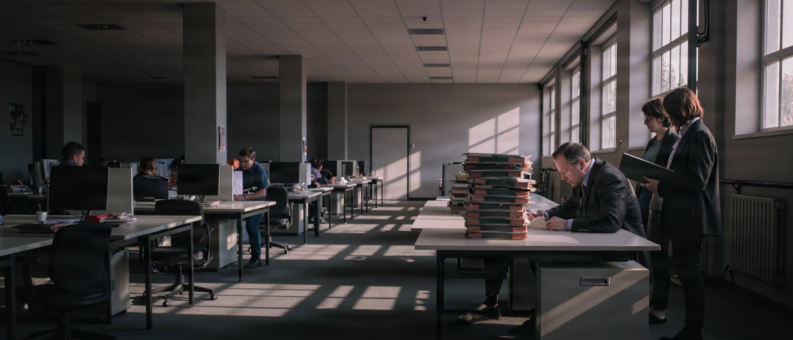 Open-plan office: folders with red tabs pile up on one single desk while two colleagues wait beside it. The other desks work without a queue.