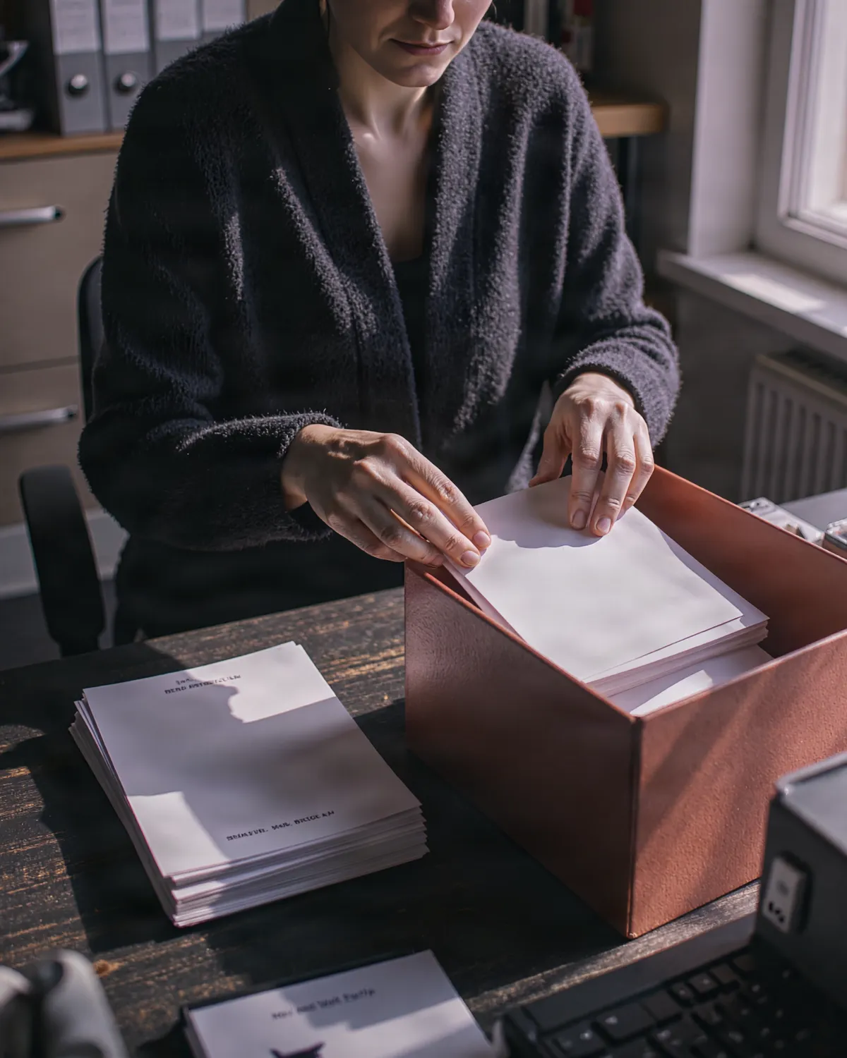 An employee sorts duplicate forms into a red archive box; one clean stack stays on the desk.