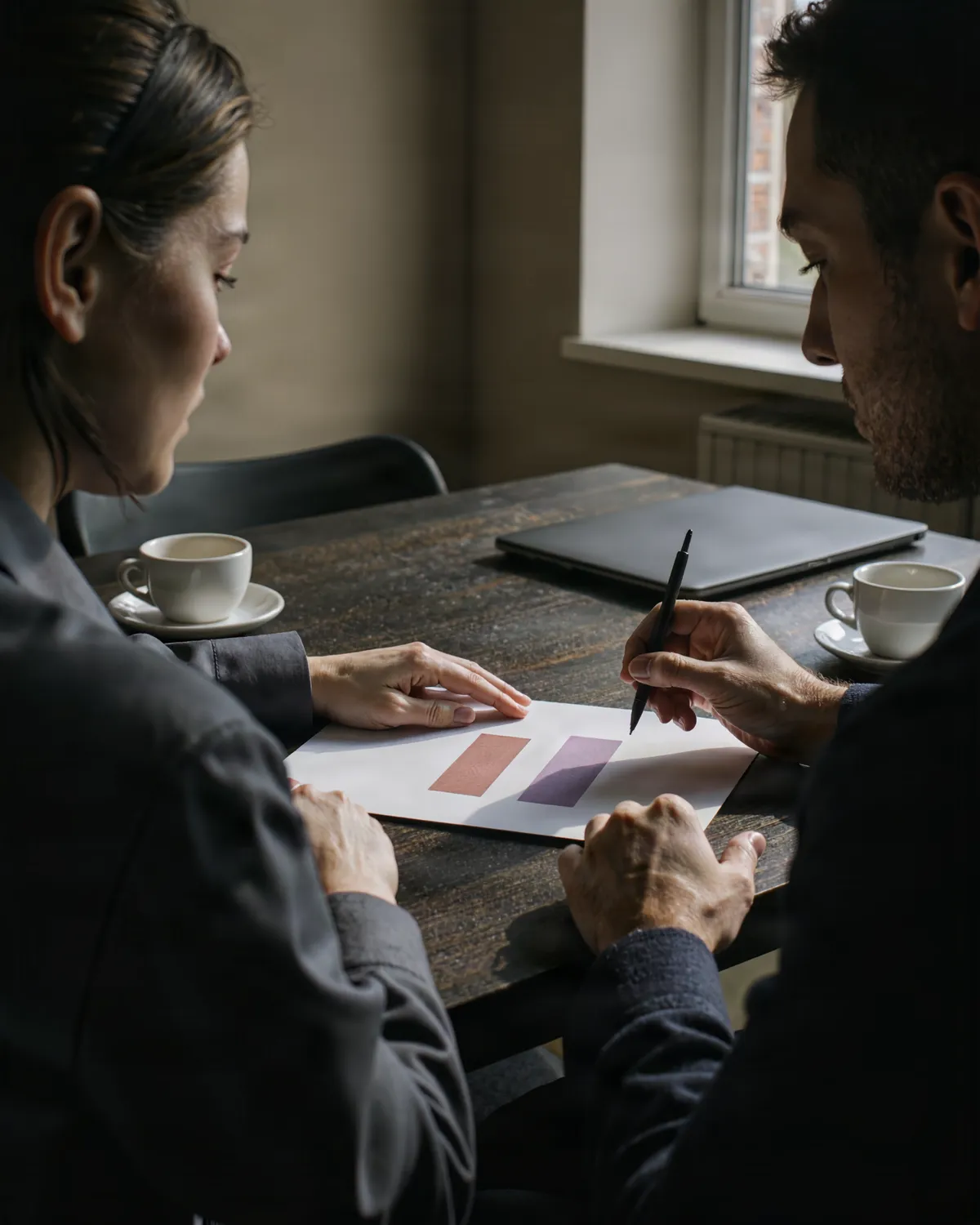 Two managers at a meeting table, a sheet with two bars of different height, a pen above it.