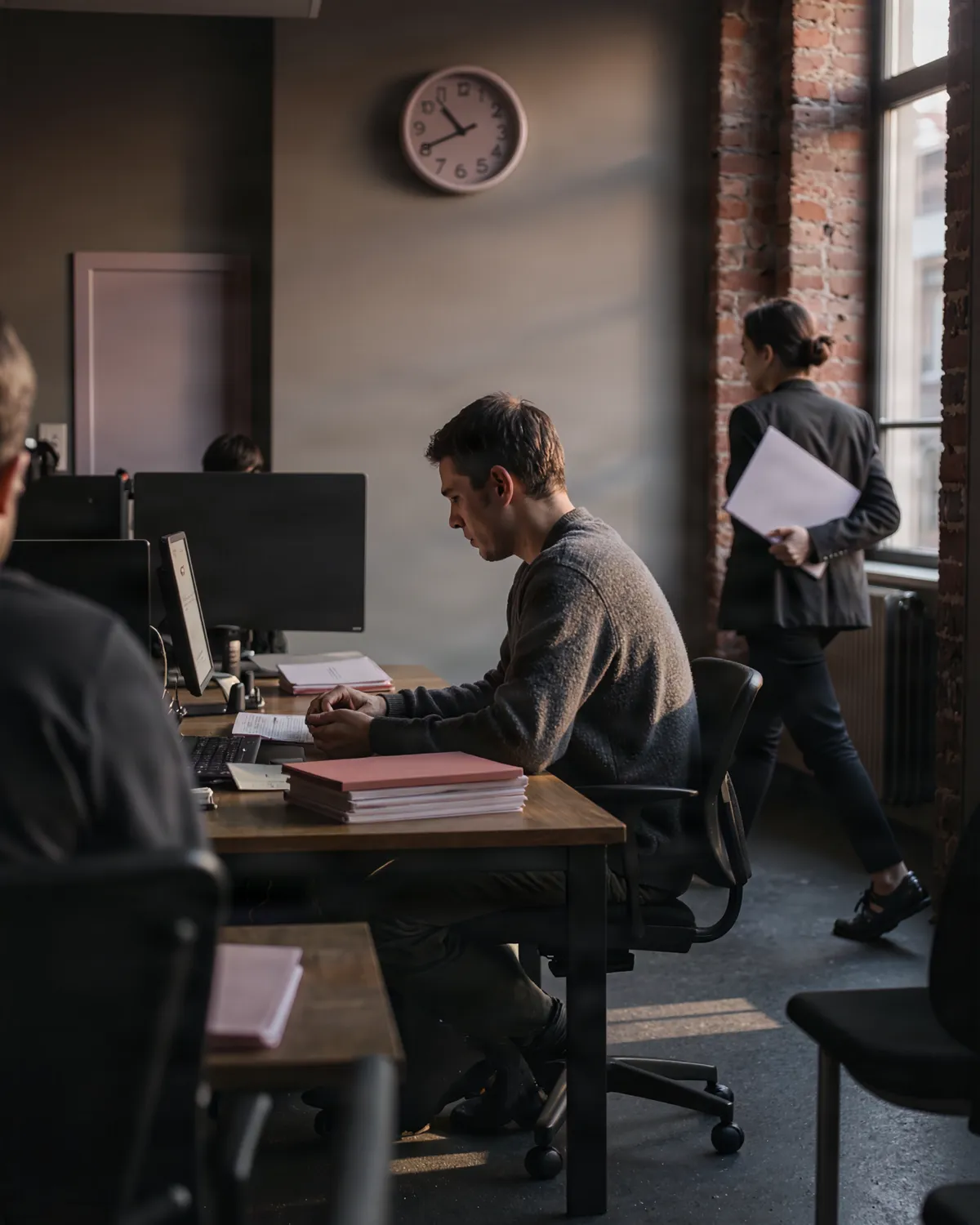 A calm office, a small stack of folders, a clock on the wall; a colleague walks past with a single folder.